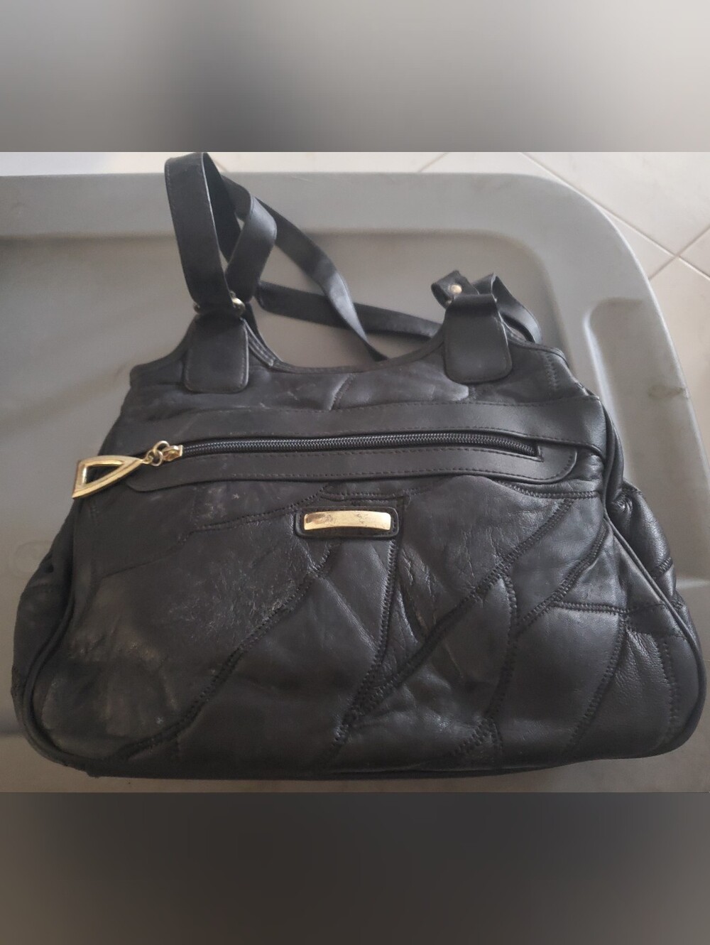 Black Women's Quilted Shoulder Bag Pocketbook with Gold Accent